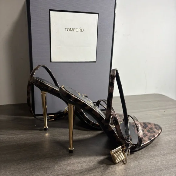 Tom Ford Leopard Print Satin Strappy Heels with Gold Stiletto - Picture 5 of 5